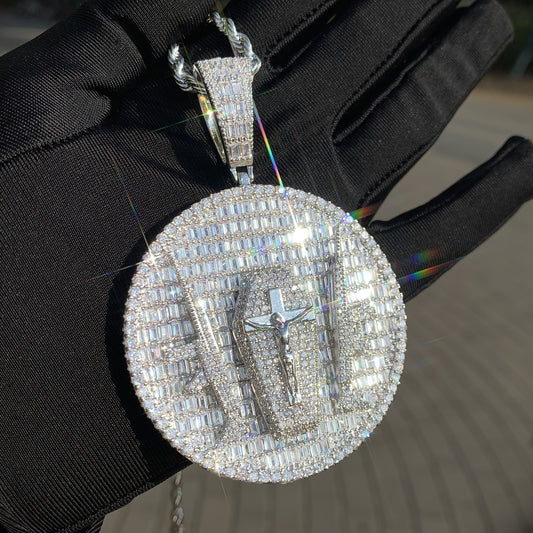 White Gold Jesus Pendant - Double Gun Guardian Cross Disc