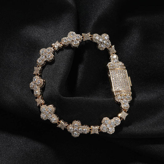 10MM Gold Link Bracelet - Iced Cross & Star Links