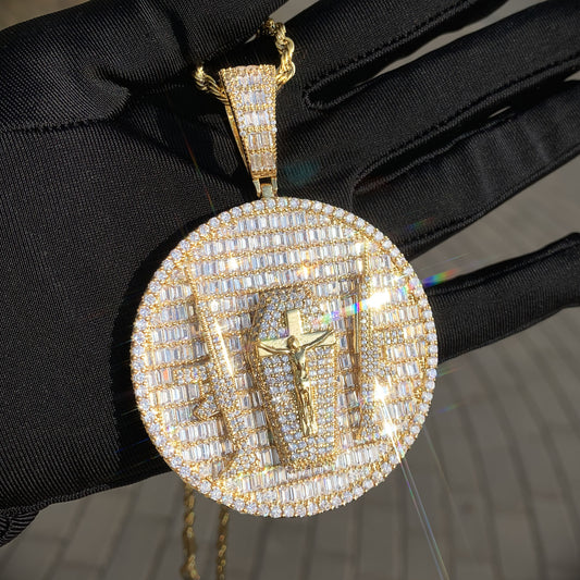 Gold Jesus Pendant - Double Gun Guardian Cross Disc