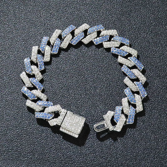 13MM White Gold Cuban Link Bracelet - Blue Split Pavé