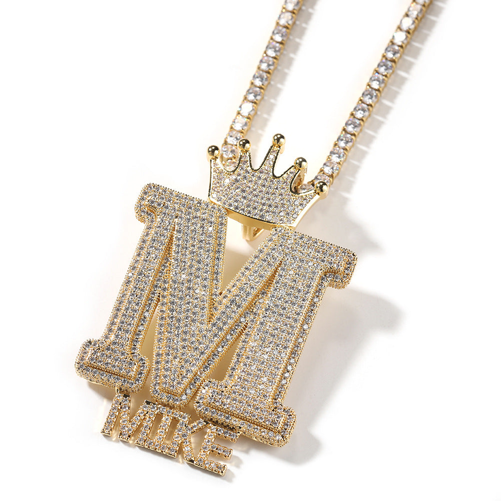 Gold Custom Initial Pendant - Iced Out Crown Letter Nameplate