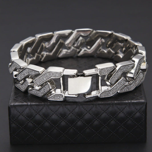 16MM White Gold Cuban Link Bracelet - Silver Glitter Chevron Links
