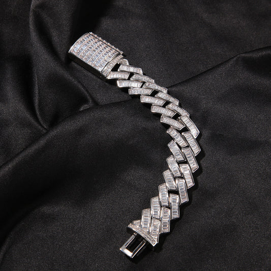 20MM White Gold Cuban Link Bracelet - Zigzag Baguette Links