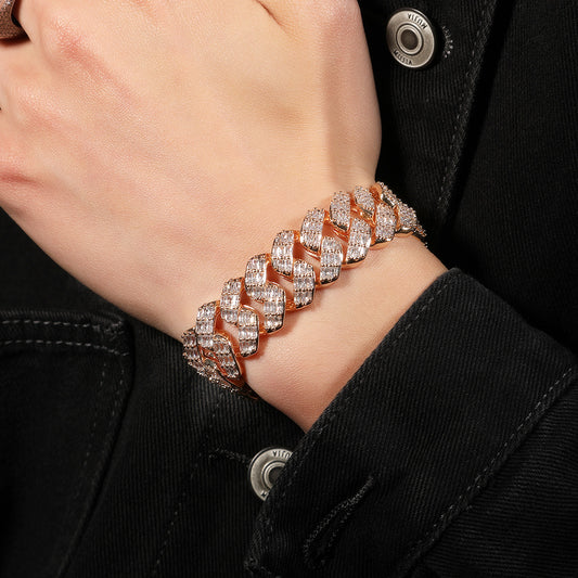 16MM Gold Cuban Link Bracelet - Triple-Row Baguette Rails