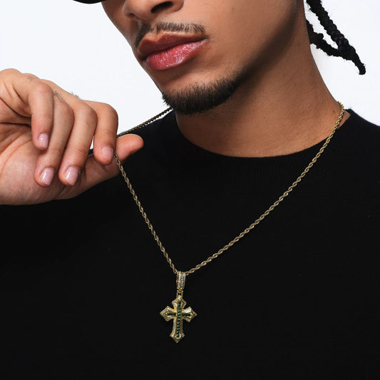 Gold Cross Pendant - Green Stone Flared Cross