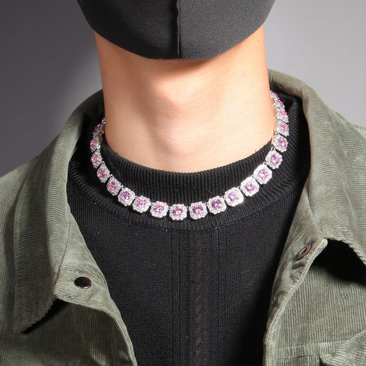 12MM Pink Tennis Chain - Men’s Iced Pink Diamond Chain