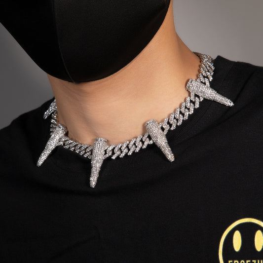 12MM White Gold Cuban Link Chain with Iced Out Bullet Links