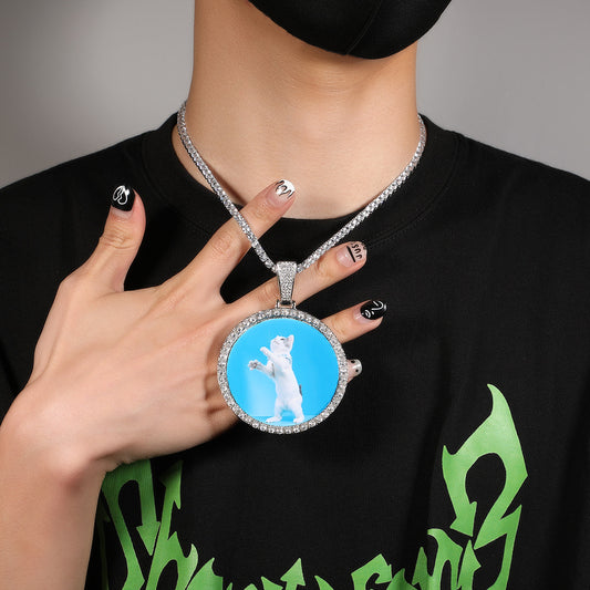 White Gold Picture Pendant - Iced Out Round Medallion