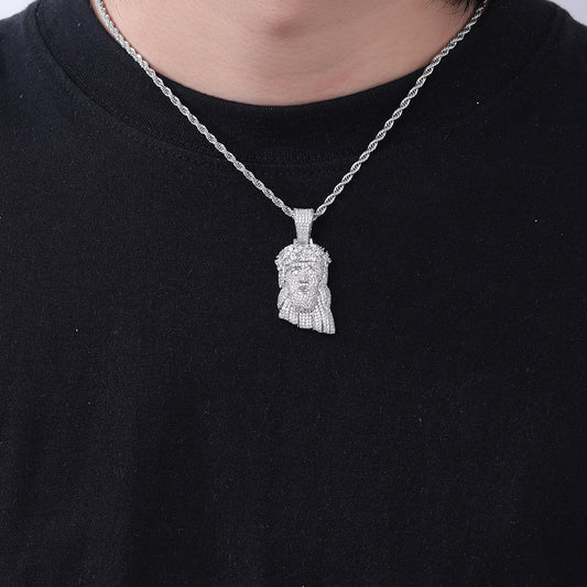 White Gold Jesus Pendant - Mini Crowned Jesus Head