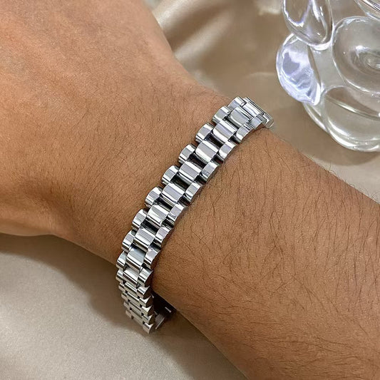 10MM White Gold Watch Link Bracelet - Polished 3-Row Links