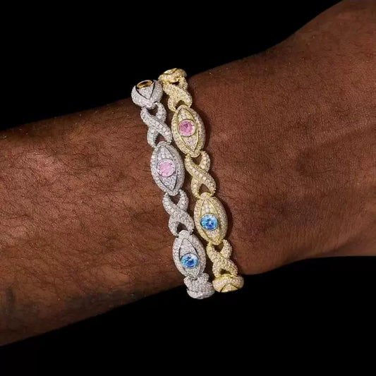 14MM White Gold Evil Eye Bracelet - Multicolor Stone Eyes