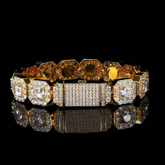 12MM Gold Link Bracelet - Iced Cushion Halo Links