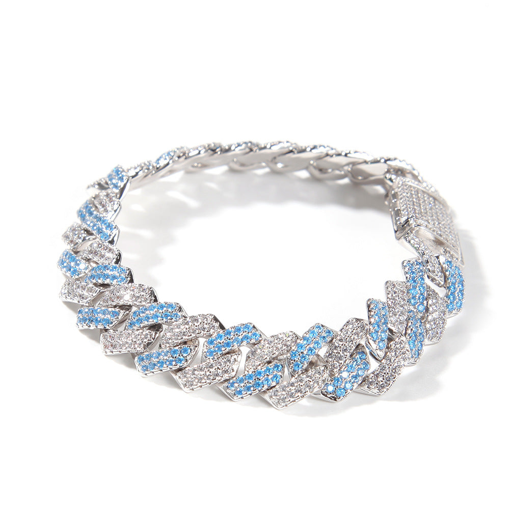 13MM White Gold Cuban Link Bracelet - Blue Split Pavé