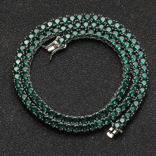 4MM White Gold Tennis Chain - Green Emerald Stones