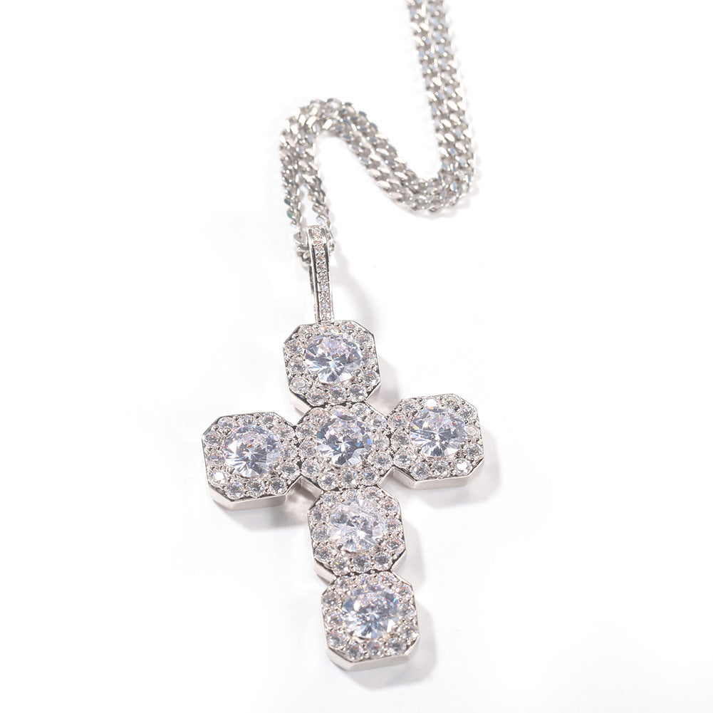 White Gold Cross Pendant - Five Stone Halo Cross