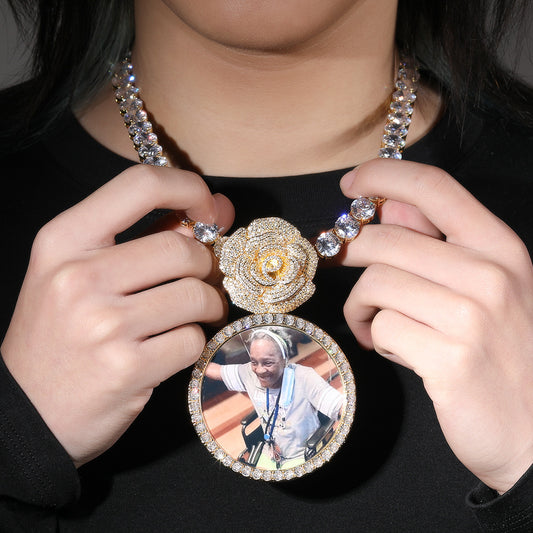 Gold Custom Photo Pendant - Iced Out Rose Medallion