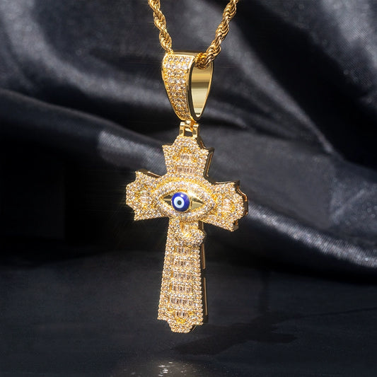 Gold Cross Pendant - Iced Out Evil Eye Cross