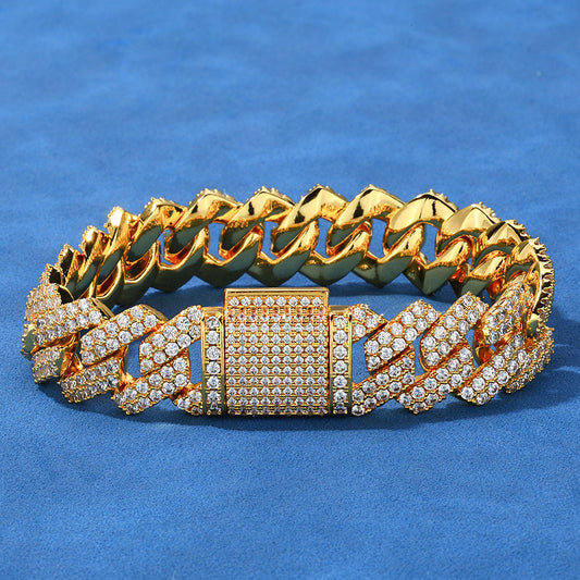 14MM Gold Cuban Link Bracelet - Gold Slash Pavé Links