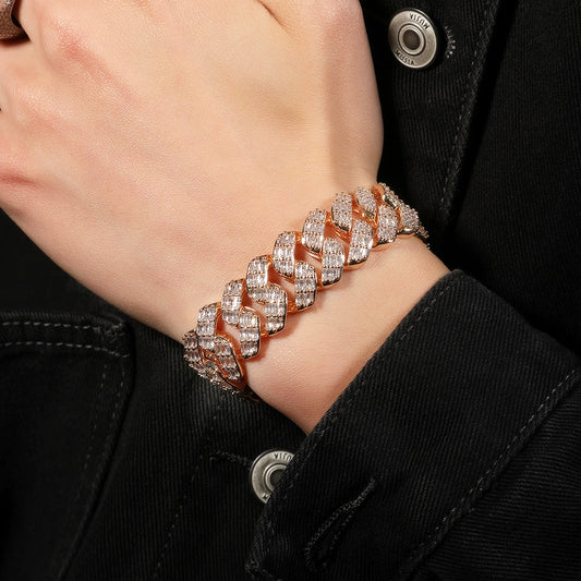 19MM Gold Cuban Link Bracelet - 3-Row Baguette Grid