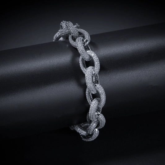 13MM White Gold Link Bracelet - Iced Rounded Cable Links