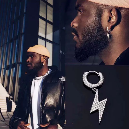 Collage showing a silver-tone lightning bolt drop earring worn on an ear and in a product close-up