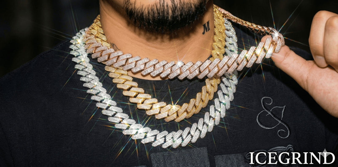 The official IceGrind three-metal premium finish moissanite chain collection, featuring layered heavy cuban link chains in rose gold, yellow gold, and white gold, held by a customer, highlighting luxury and versatility.