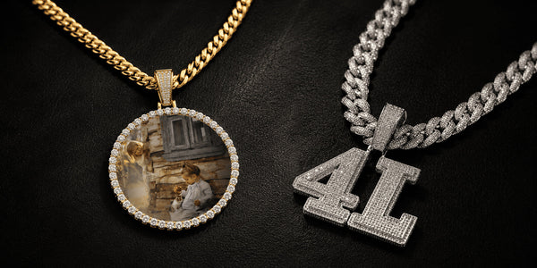 Gold round picture pendant and iced custom number pendant displayed side by side for a custom pendant vs picture pendant gift comparison.