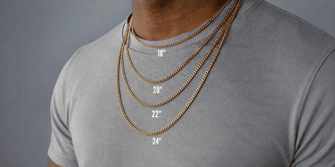Men’s gold chain length comparison showing how 18-, 20-, 22-, and 24-inch chains sit on the chest.