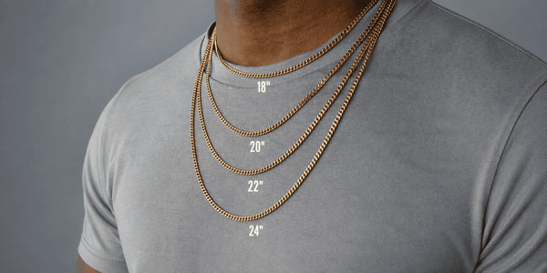 Men’s gold chain length comparison showing how 18-, 20-, 22-, and 24-inch chains sit on the chest.