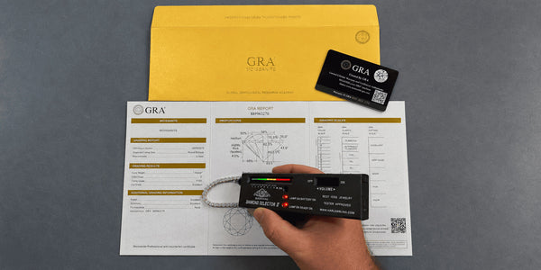 Moissanite chain tested with a diamond tester beside a GRA certificate, grading report, and warranty card.