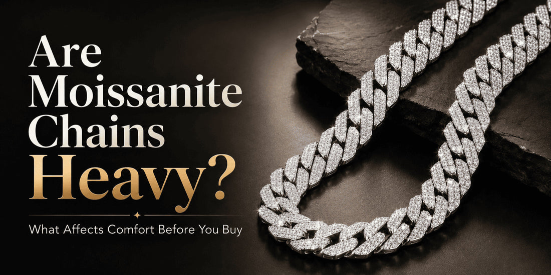 White gold moissanite Cuban link chain beside the text “Are Moissanite Chains Heavy?” on a dark luxury background