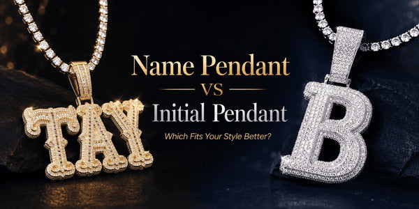 Gold TAY name pendant and silver B initial pendant compared on a dark background for a name pendant vs initial pendant style guide