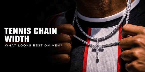 Man wearing layered silver tennis chains of different widths with an iced cross pendant, beside the text “Tennis Chain Width”