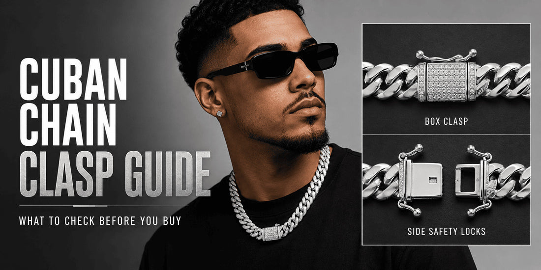 Man wearing a silver Cuban link chain beside close-up views of a box clasp and side safety locks, with the text “Cuban Chain Clasp Guide”