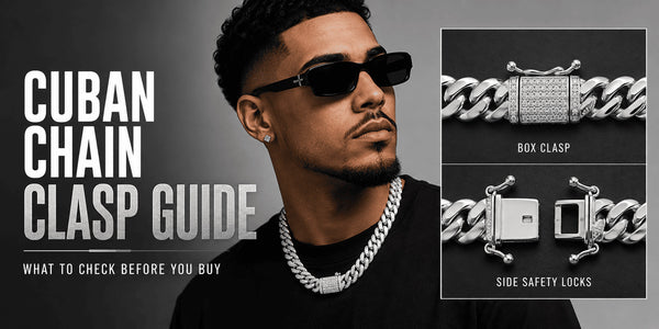 Man wearing a silver Cuban link chain beside close-up views of a box clasp and side safety locks, with the text “Cuban Chain Clasp Guide”