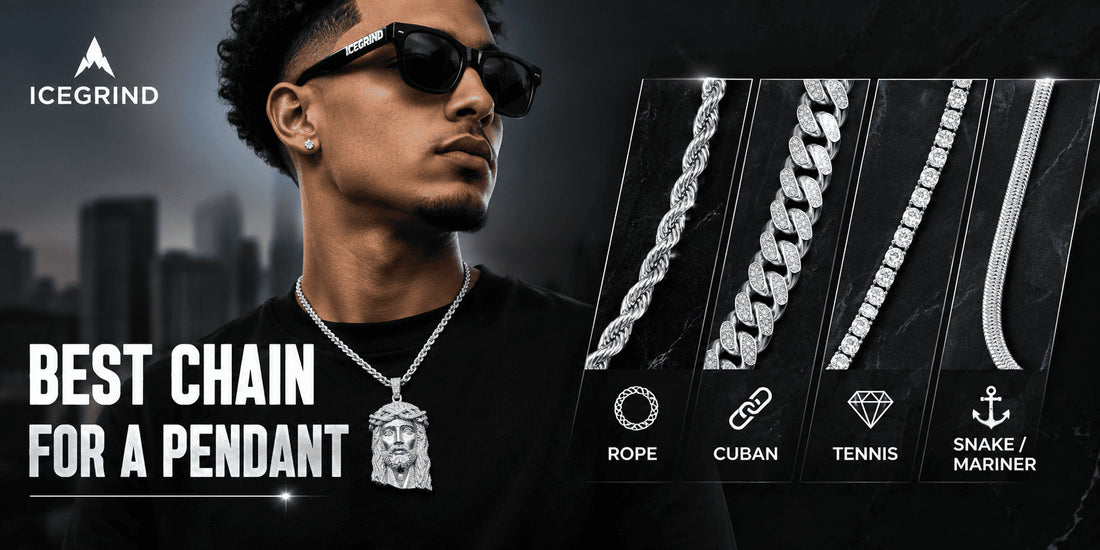 Man wearing a silver rope chain with a Jesus pendant beside rope, Cuban, tennis, snake, and Mariner chain examples for choosing the best chain for a pendant.