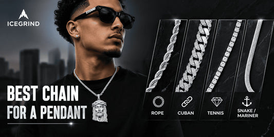 Man wearing a silver rope chain with a Jesus pendant beside rope, Cuban, tennis, snake, and Mariner chain examples for choosing the best chain for a pendant.