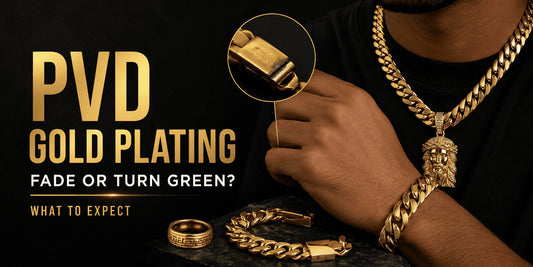 Man wearing gold PVD Cuban chain and bracelet beside a close-up of clasp wear, with text asking if PVD gold plating fades or turns green.