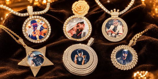 IceGrind gold picture pendant collection featuring six iced-out custom photo pendant styles on warm velvet, including round, rose, crown, superstar, rotatable, and laurel wreath designs.