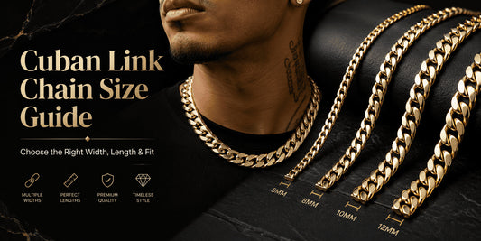 IceGrind Cuban link chain size guide blog cover featuring gold Cuban chains, width comparison, and a men’s style fit reference.