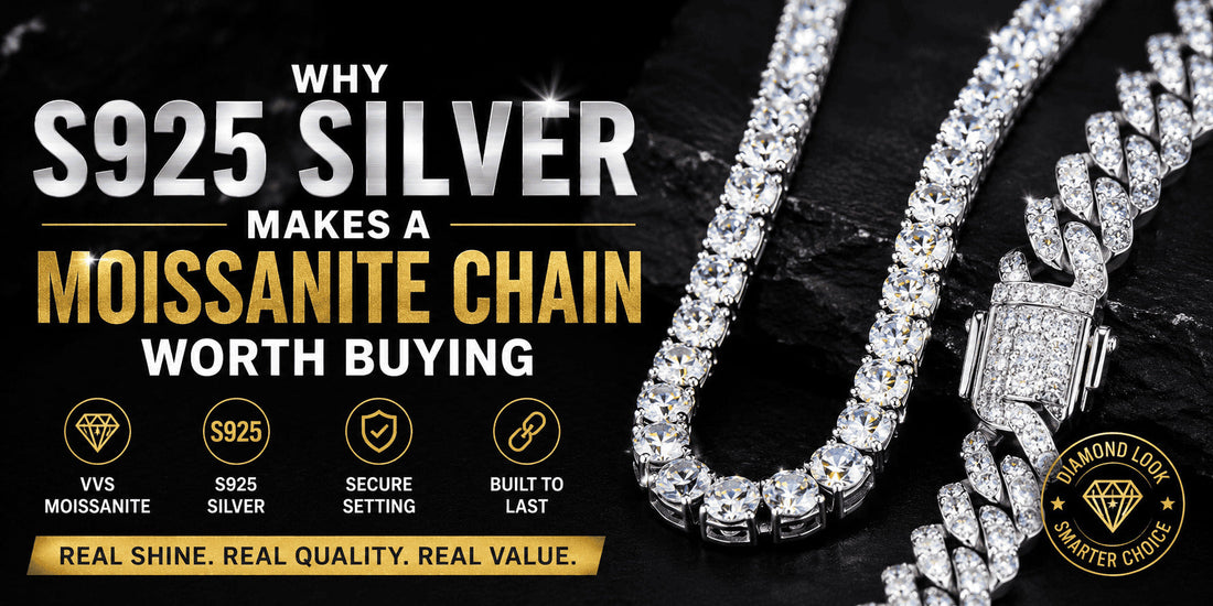 IceGrind Moissanite Chain blog cover featuring S925 silver, VVS moissanite shine, secure setting, and premium hip hop jewelry style.