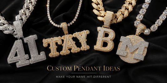 IceGrind custom pendant ideas cover with iced-out letter pendants and custom gold pendants on black satin