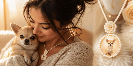 A woman wearing an IceGrind photo pendant necklace with her Chihuahua; professional pet memorial jewelry with a floral diamond design.