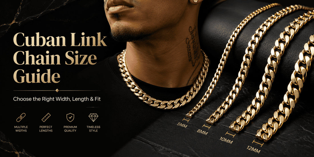 IceGrind Cuban link chain size guide blog cover featuring gold Cuban chains, width comparison, and a men’s style fit reference.