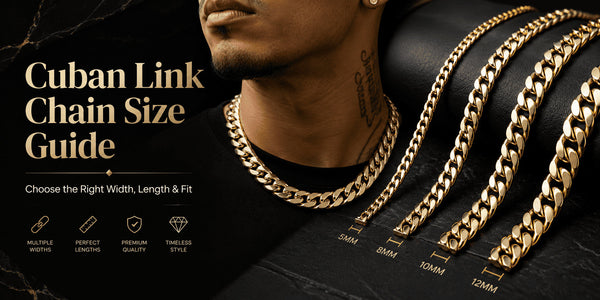 IceGrind Cuban link chain size guide blog cover featuring gold Cuban chains, width comparison, and a men’s style fit reference.