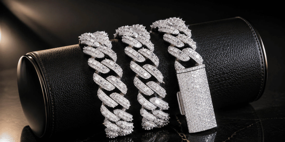 IceGrind moissanite cuban link chain on a premium black leather display with iced-out shine and luxury detail