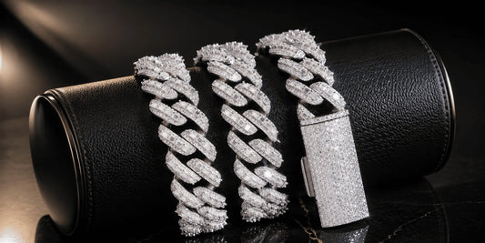 IceGrind moissanite cuban link chain on a premium black leather display with iced-out shine and luxury detail