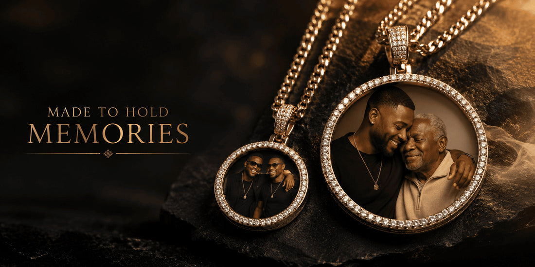 IceGrind picture pendant necklace for men with gold chains and family memories, made to hold love, legacy, and personal stories