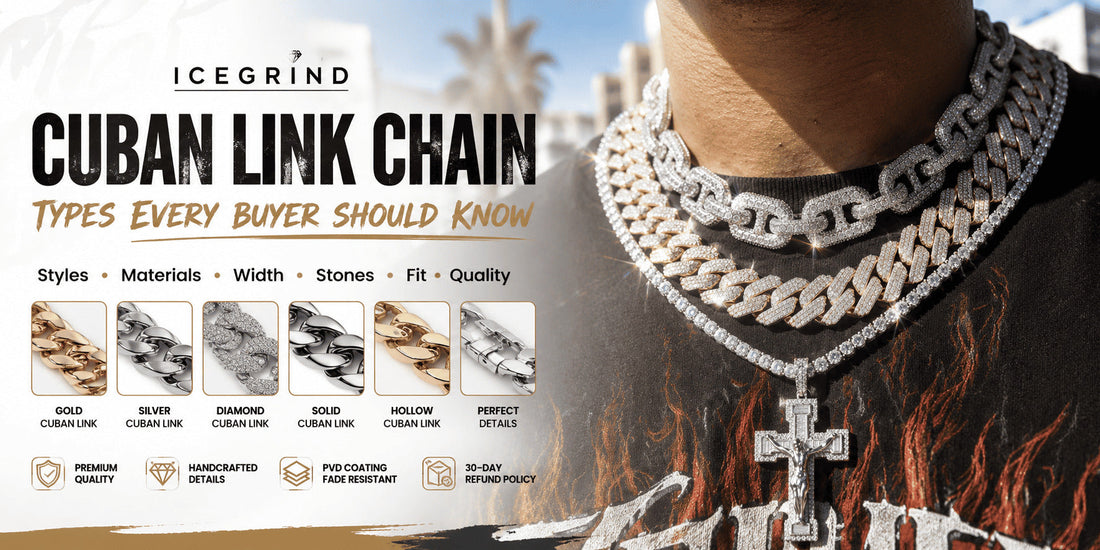 IceGrind cuban link chain blog cover featuring iced, gold, silver, diamond, solid, and hollow cuban link chain styles for men with hip hop jewelry details.