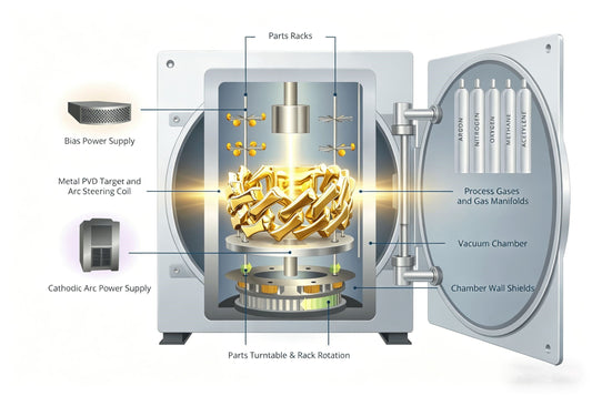 IceGrind jewelry undergoing PVD coating process in vacuum chamber